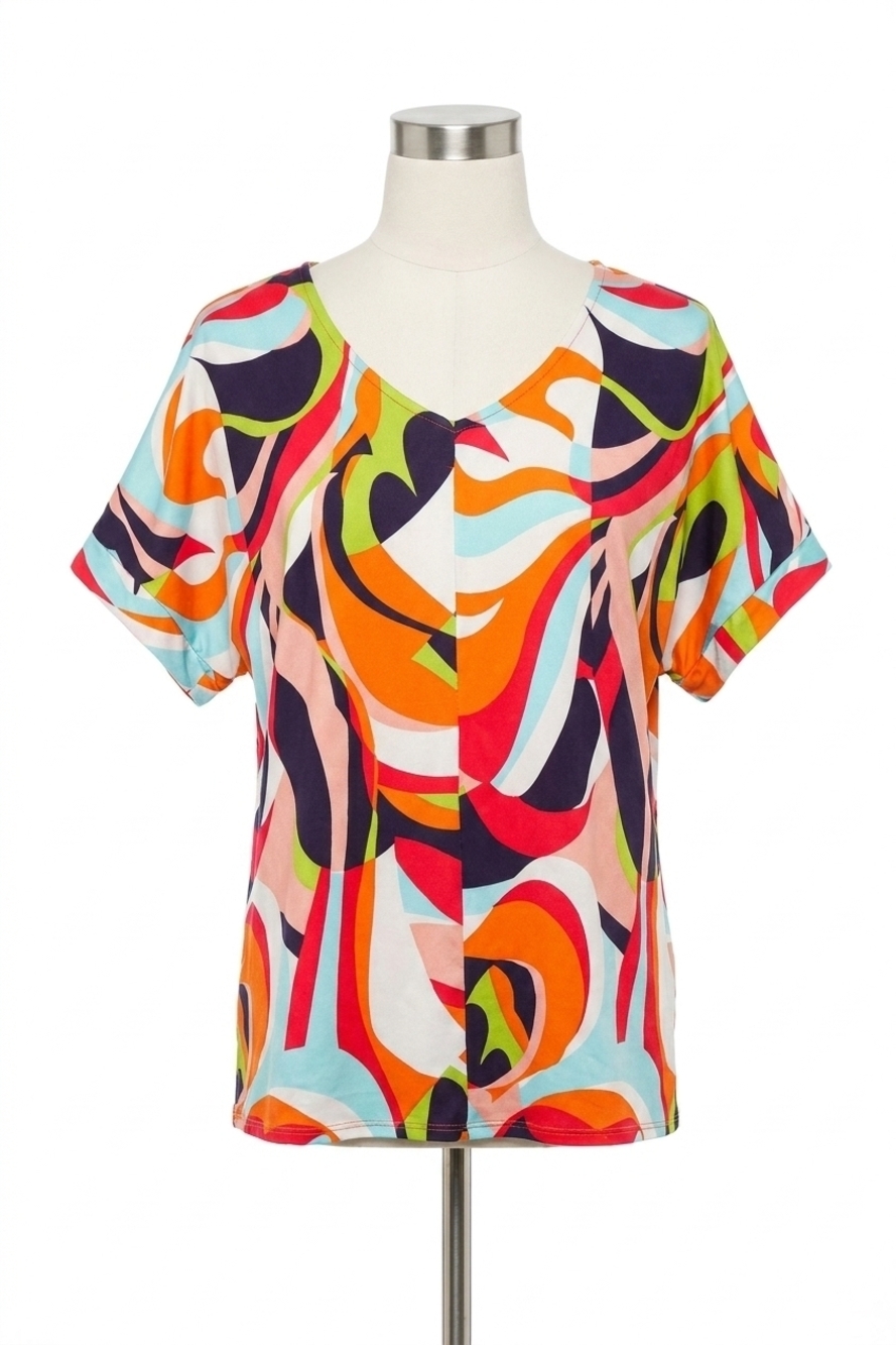 NEW HAPTICS geometric loose fit short sleeve top in multicolor